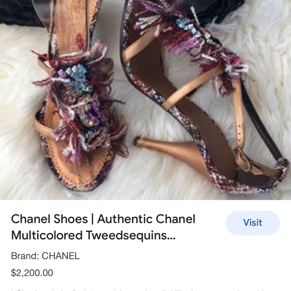 Chanel Rare Navy tweed and sequins Pewter leather Sandals Heels Size 7 US - Picture 15 of 16